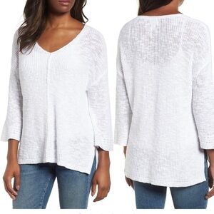 Caslon Hidden Snap V Neck Lightweight White Cotton Blend Sweater Size Small